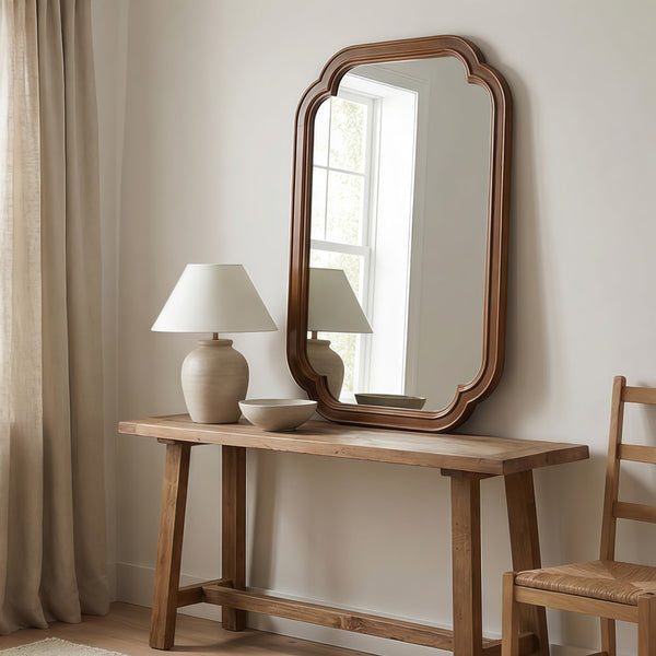 English Elm Black Walnut Solid Wood Frame Mirror with Rounded Corners for Bedroom or Entryway W2203P455260