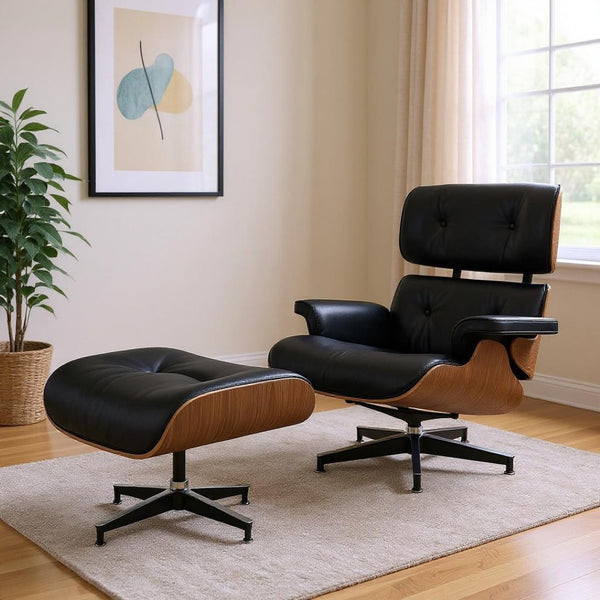 HomeRoots 28" Black and Light Brown Tufted Leather Lounge Chair & Ottoman Set - Mid-Century Modern Comfort 636340