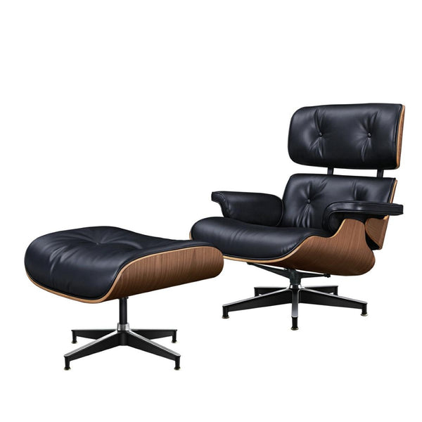 HomeRoots 28" Black and Light Brown Tufted Leather Lounge Chair & Ottoman Set - Mid-Century Modern Comfort 636340
