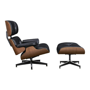 HomeRoots 28" Black and Light Brown Tufted Leather Lounge Chair & Ottoman Set - Mid-Century Modern Comfort 636340