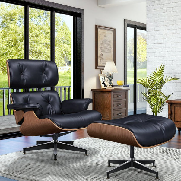 HomeRoots 28" Black and Light Brown Tufted Leather Lounge Chair & Ottoman Set - Mid-Century Modern Comfort 636340