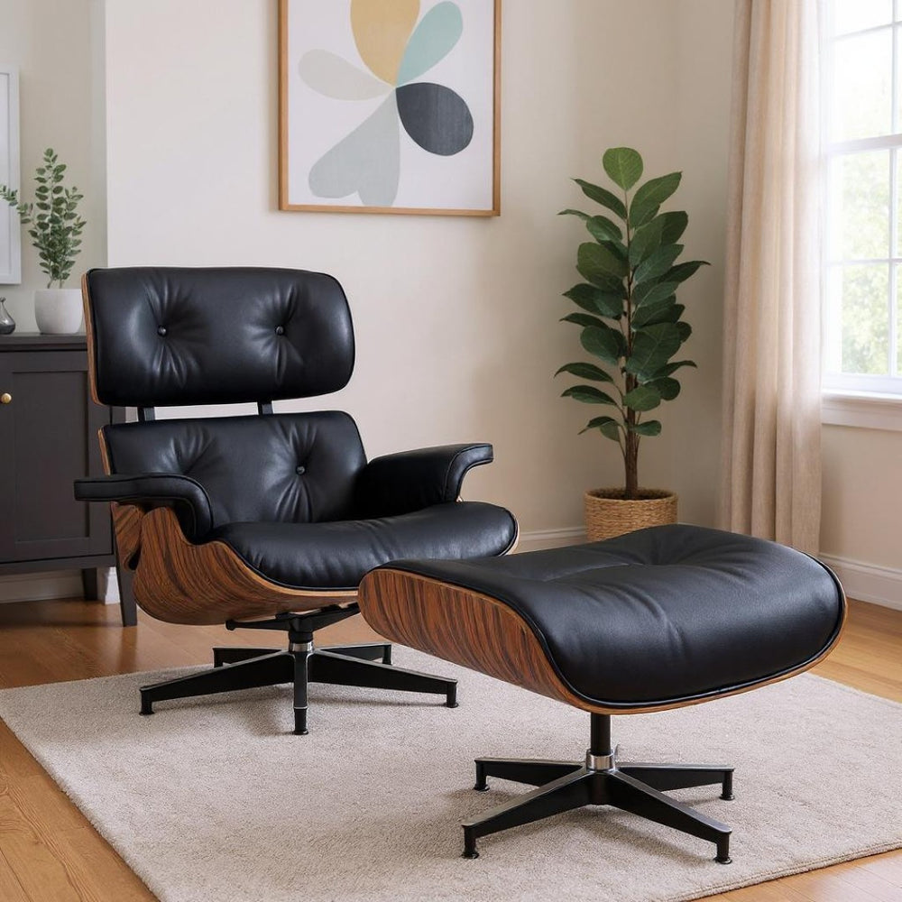HomeRoots 28" Black and Rosewood Tufted Leather Lounge Chair & Ottoman Set – Stylish, Comfortable, Modern Design 636341