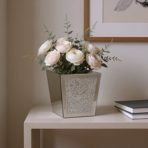 HomeRoots 14" Glamorous Silver Mirrored Glass Table Vase with Faux Crystals – Perfect for Chic Home Decor! 636343