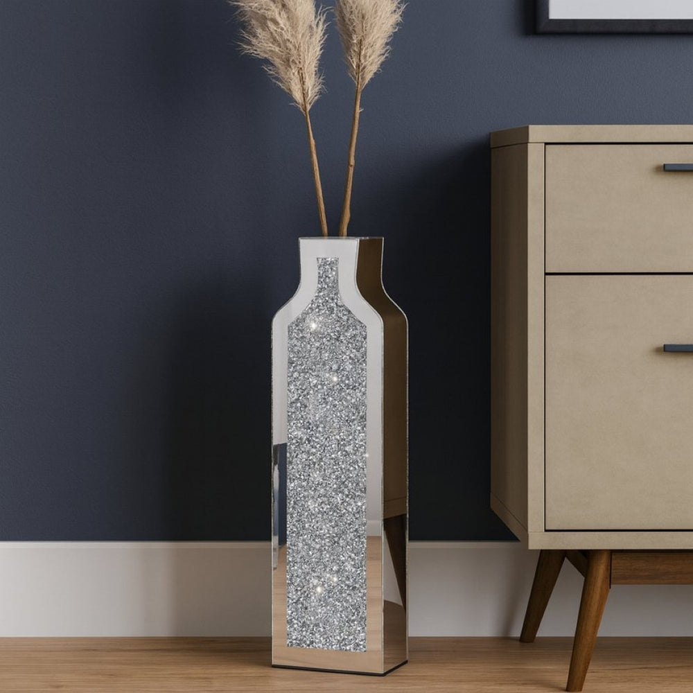 HomeRoots Set of Two Glamorous Silver Mirrored Floor Vases with Faux Crystals for Stunning Décor Accents 636347