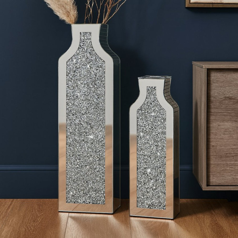 HomeRoots Set of Two Glamorous Silver Mirrored Floor Vases with Faux Crystals for Stunning Décor Accents 636347