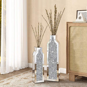 HomeRoots Set of Two Glamorous Silver Mirrored Floor Vases with Faux Crystals for Stunning Décor Accents 636347