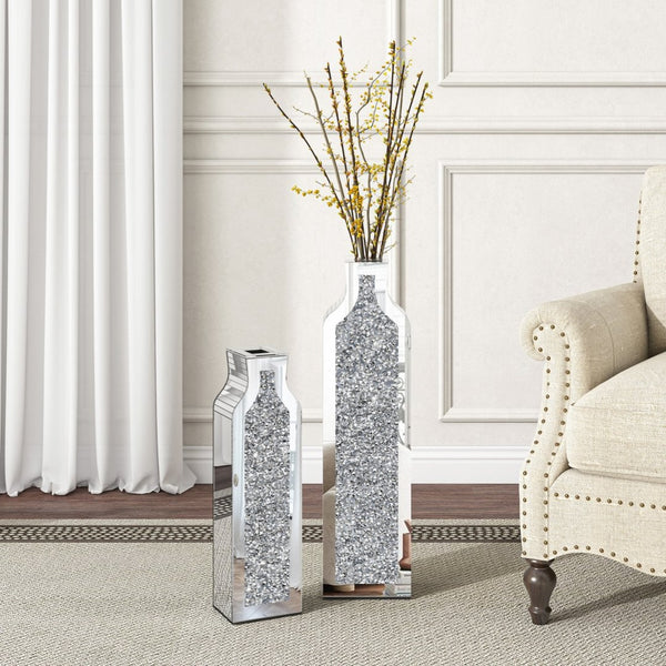 HomeRoots Set of Two Glamorous Silver Mirrored Floor Vases with Faux Crystals for Stunning Décor Accents 636347