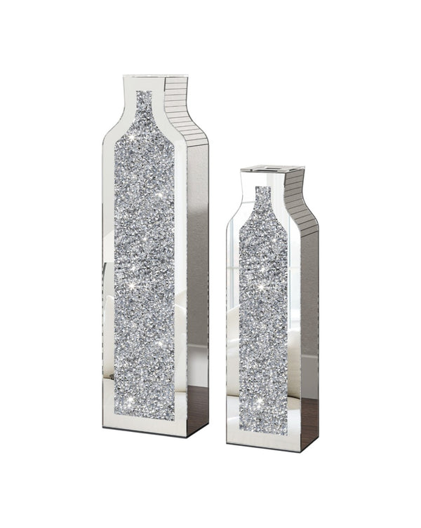 HomeRoots Set of Two Glamorous Silver Mirrored Floor Vases with Faux Crystals for Stunning Décor Accents 636347