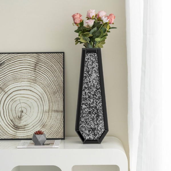 HomeRoots 24" Black Crystal Glass Floor Vase - Glamorous Home Décor with Faux Crystals for Stunning Displays 636351