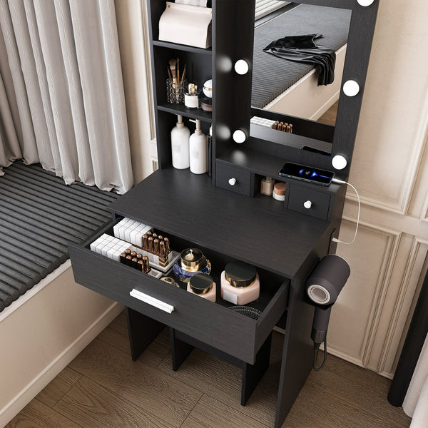 English Elm Vanity compact dressing desk with LED mirror, 3-color dimmable lights, drawers, stool, outlet Black W2699P345801
