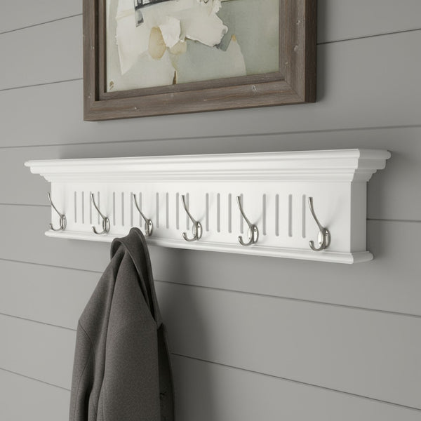 HomeRoots 39" White Solid Wood Wall Coat Rack with 6 Sturdy Hooks - Coastal Charm for Organized Entryways 636371