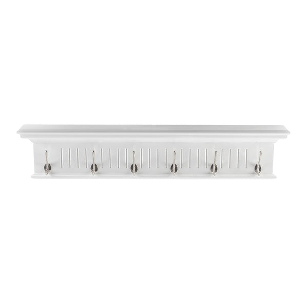 HomeRoots 39" White Solid Wood Wall Coat Rack with 6 Sturdy Hooks - Coastal Charm for Organized Entryways 636371