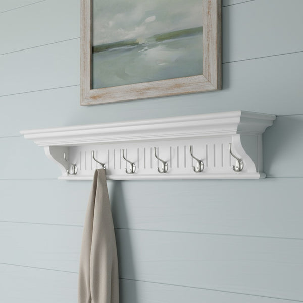 HomeRoots 39" White Solid Wood Coat Rack with 6 Hooks - Coastal-Inspired Wall-Mount for Stylish Entryway Organization 636372