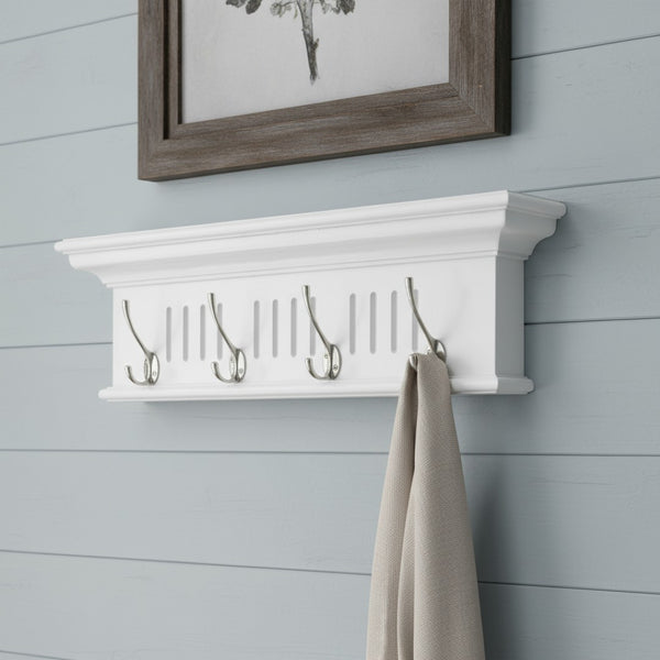 HomeRoots 28" White Solid Wood Coat Rack with 4 Hooks – Coastal-Inspired Wall-Mount for Entryways & Hallways 636373