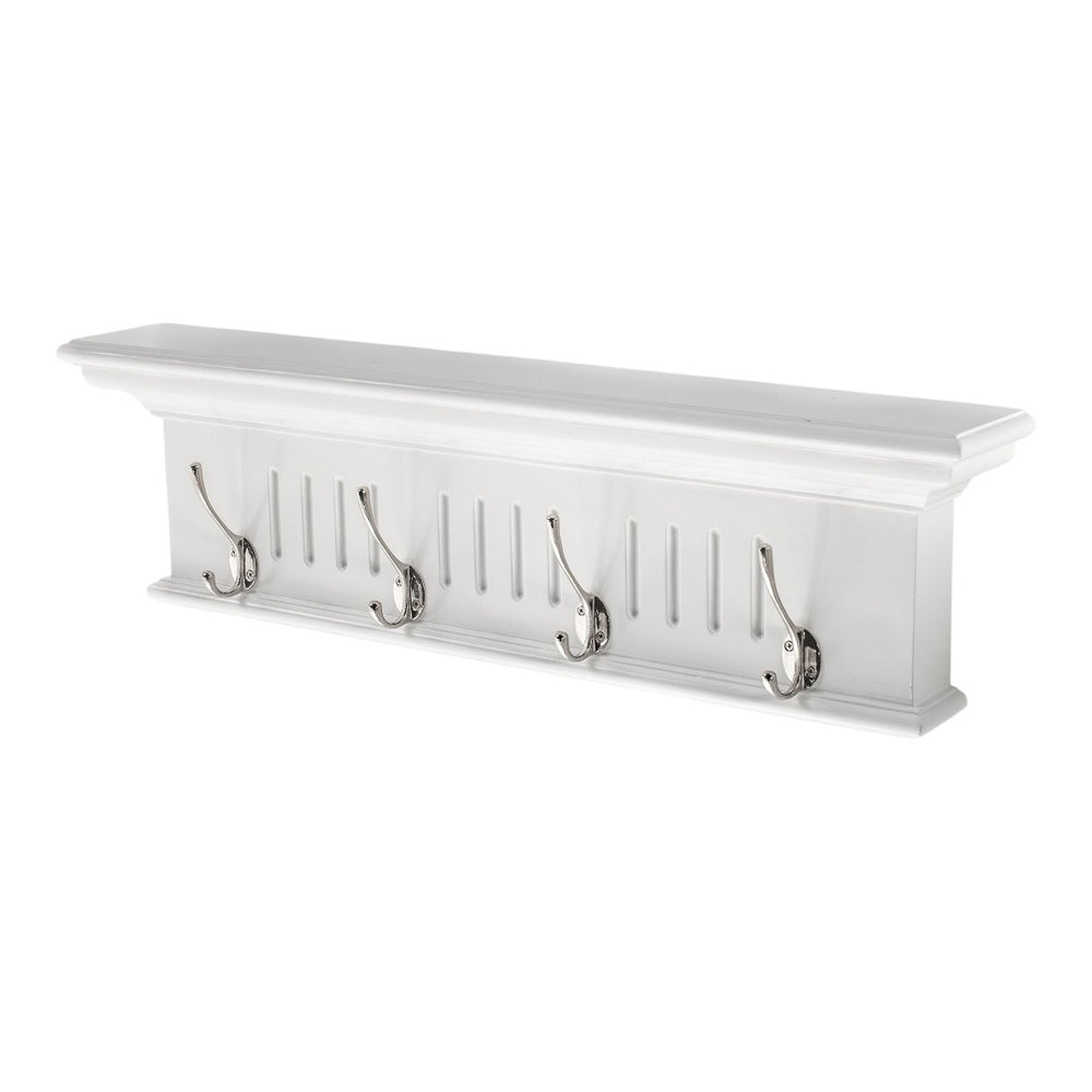 HomeRoots 28" White Solid Wood Coat Rack with 4 Hooks – Coastal-Inspired Wall-Mount for Entryways & Hallways 636373
