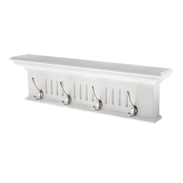 HomeRoots 28" White Solid Wood Coat Rack with 4 Hooks – Coastal-Inspired Wall-Mount for Entryways & Hallways 636373