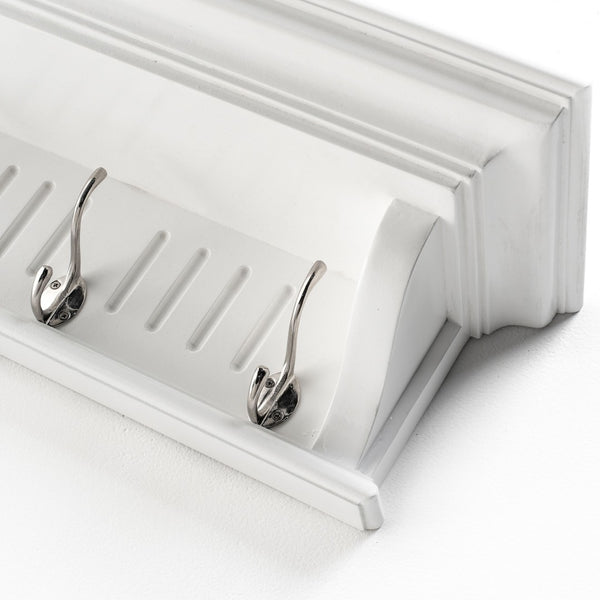 HomeRoots 28" White Solid Wood Coat Rack with 4 Hooks - Stylish Wall-Mounted Organizer for Coastal Decor 636375