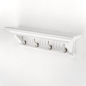 HomeRoots 28" White Solid Wood Coat Rack with 4 Hooks - Stylish Wall-Mounted Organizer for Coastal Decor 636375