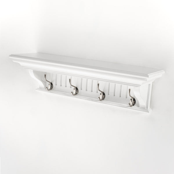 HomeRoots 28" White Solid Wood Coat Rack with 4 Hooks - Stylish Wall-Mounted Organizer for Coastal Decor 636375