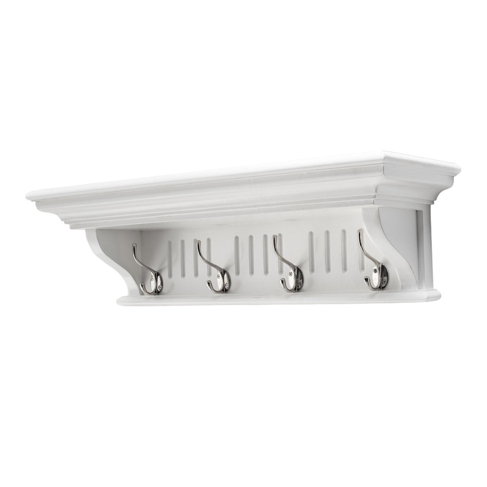 HomeRoots 28" White Solid Wood Coat Rack with 4 Hooks - Stylish Wall-Mounted Organizer for Coastal Decor 636375
