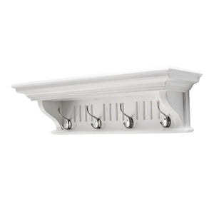 HomeRoots 28" White Solid Wood Coat Rack with 4 Hooks - Stylish Wall-Mounted Organizer for Coastal Decor 636375