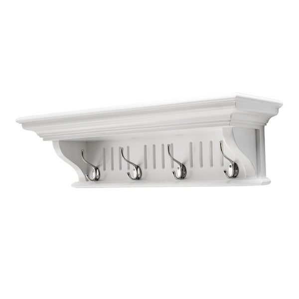 HomeRoots 28" White Solid Wood Coat Rack with 4 Hooks - Stylish Wall-Mounted Organizer for Coastal Decor 636375