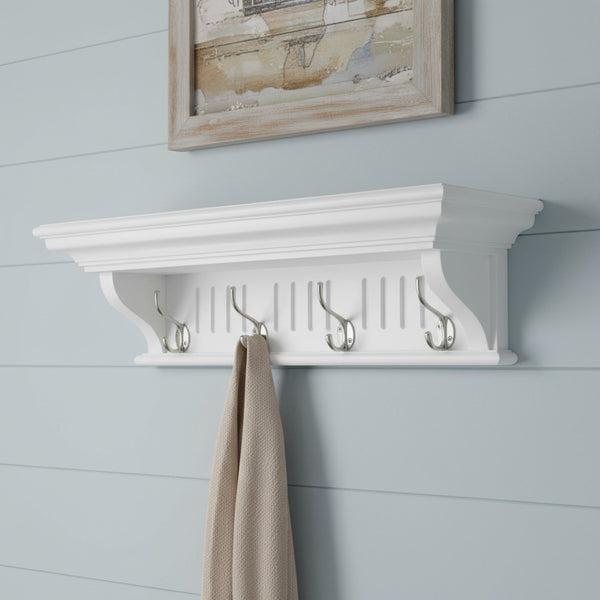 HomeRoots 28" White Solid Wood Coat Rack with 4 Hooks - Stylish Wall-Mounted Organizer for Coastal Decor 636375