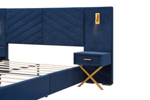 English Elm Queen Velvet Wingback Platform Bed Channel Tufted Upholstered Frame No Box Spring Blue W1793S00051
