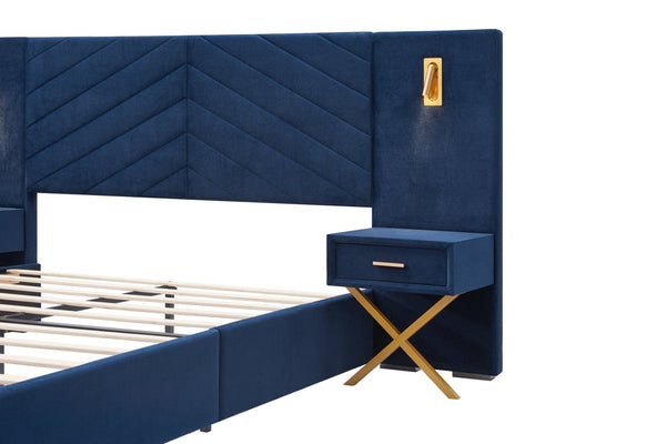English Elm Queen Velvet Wingback Platform Bed Channel Tufted Upholstered Frame No Box Spring Blue W1793S00051