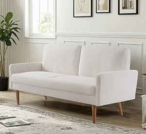 English Elm Velvet Upholstered Three Seat Sofa with Tapered Rubberwood Legs Mid Century European Style Ivory B2735P291969