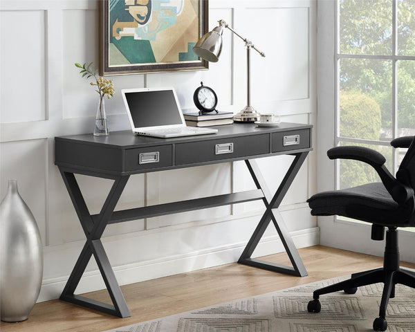 English Elm Crossmark Campaign Style Writing Desk with Three Drawers and Powder Coated Metal Legs B2733P445251