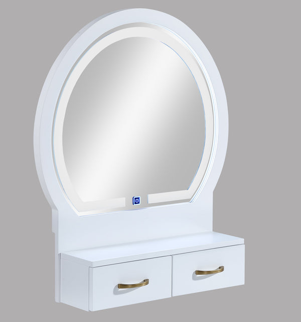 English Elm 3pc Vanity Set with LED Mirror and Cushioned Stool, Gold-Accented Handles, Sleek Modern Dressing Table White 21.75 L x 33.25 W x 13.5 H B011P378511