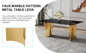 English Elm Table And 8 Chairs Set - Elegant Glass Top With Imitation Marble & Gold Stainless Steel Legs W1151S04327-GIGA