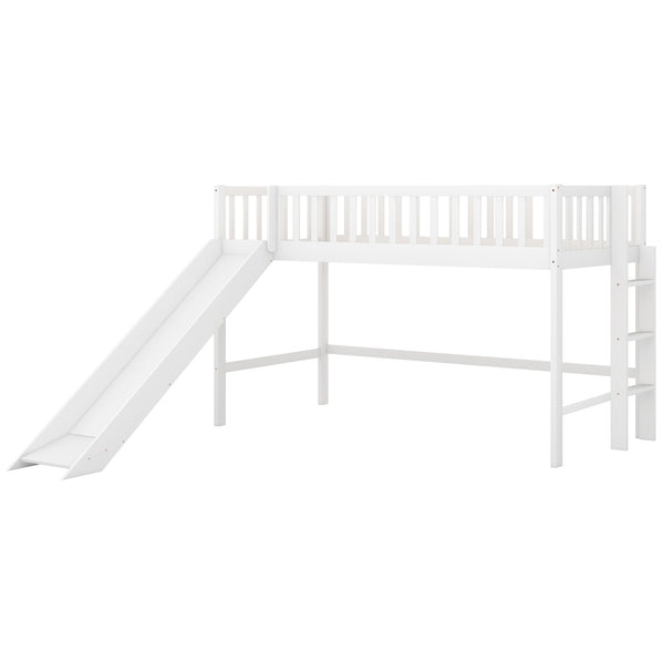 English Elm Twin Low Loft Bed with Slide and Ladder — Space-Saving Pine & MDF Frame, Quiet Durable Design White WF286078AAK