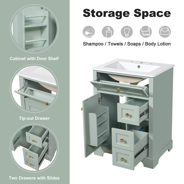 English Elm "24'' 24 Inch Glossy Freestanding Bathroom Vanity with Gold Hardware and Soft Close Storage Green Pinewood N725P375495F