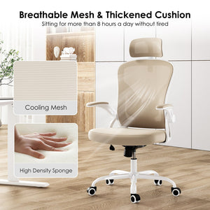 English Elm Ergonomic Office Chair With Adjustable Lumbar Support, Headrest & Space-Saving Design In White & Khaki T3623P380924