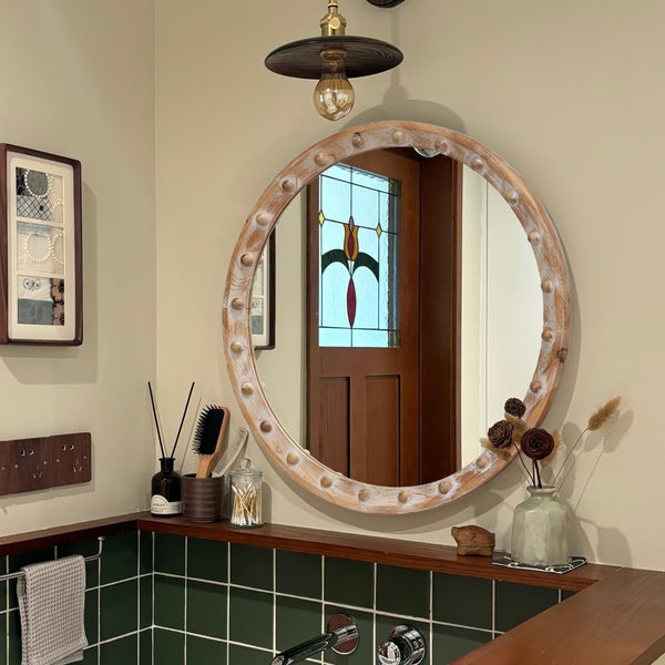 English Elm Round Rattan Textured Wall Mirror Natural Woven Frame Bohemian Accent for Any Room W2295P414106