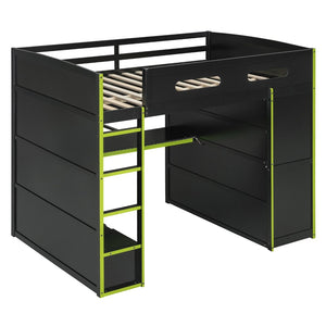 English Elm Full Size Gaming Loft Bed with Rgb Lighting Desk Wardrobe and Built-in Storage Green LT100261AAG