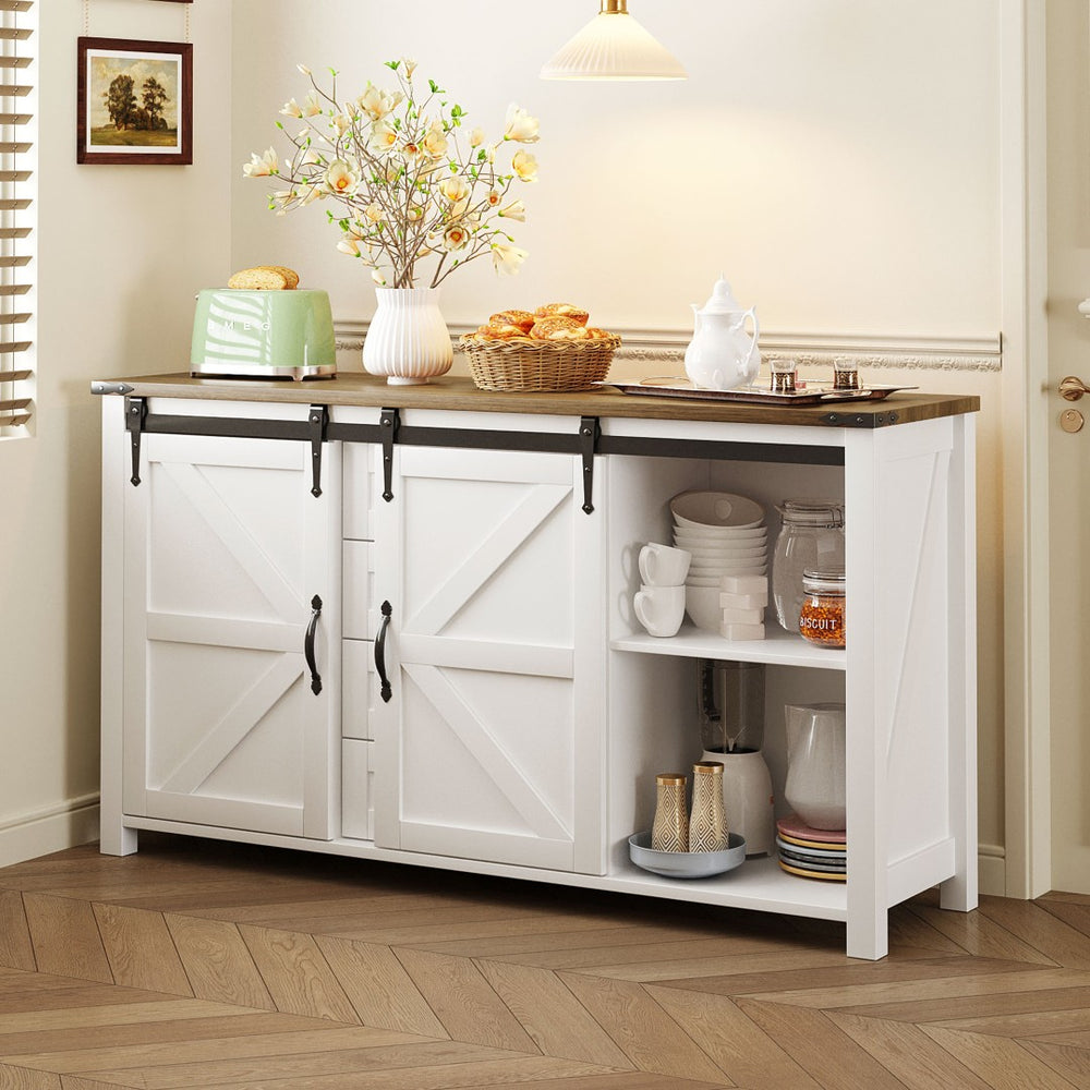 English Elm U-style Farmhouse Sideboard Barn Door Buffet with Drawers Built-in Outlet Dining White N711P347377K