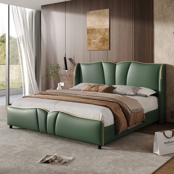 English Elm Christopher Knight Home® - King PU Leather Bed Frame with Wingback Headboard & Footboard, Gold Accents, Platform Slat Support, Elegant Design Dark Green 85 L x 10 W x 3.25 H N761S0000017F