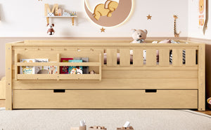 English Elm Twin Kids Platform Bed with Trundle Staircase Bookshelf and Rounded Safety Rails Light Natural W1580S00557