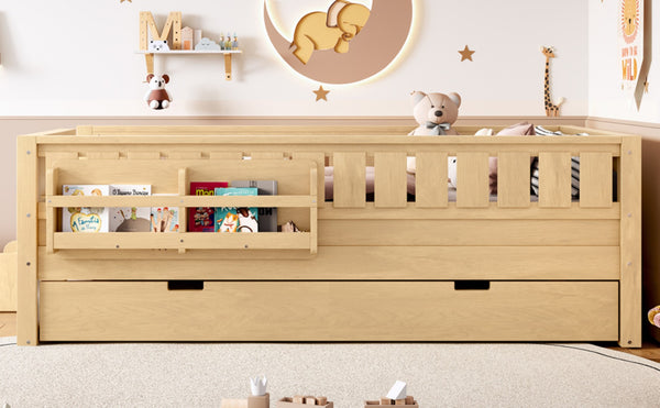 English Elm Twin Kids Platform Bed with Trundle Staircase Bookshelf and Rounded Safety Rails Light Natural W1580S00557