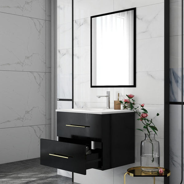 English Elm 24-Inch Modern Wall-Mounted Bathroom Vanity With Sink & Mirror, Elegant Gold Handles, 2 Drawers W3151S00037