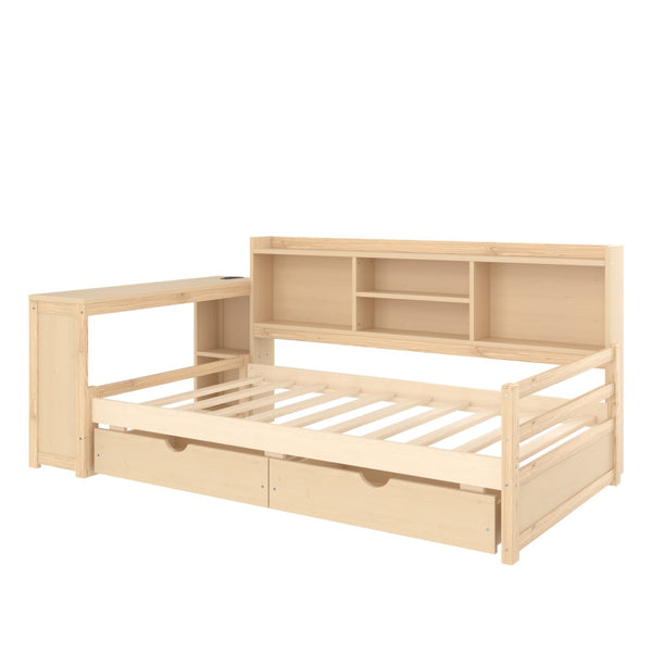 English Elm Twin Corner Daybed Pine Frame Built in Desk Bookcase Drawers Charging Kids Room Natural W697S00042