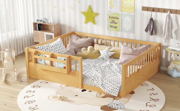 English Elm Queen Low Profile Kids Floor Bed with Guardrails Bookshelf and Pine Wood Frame Natural W1580P373143