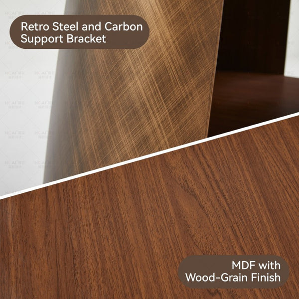 English Elm 47.25 Inch Round Dining Table Walnut Mdf Top Bronze Metal Frame Seats Six W3357S00001