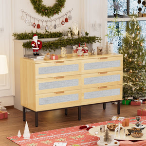 English Elm 6 Drawer Oak Dresser with Linen Fronts and Metal Legs for Modern Bedroom Storage T3773P422847