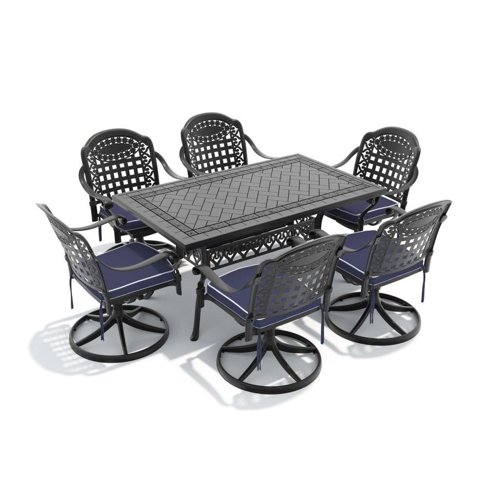 English Elm 7-piece Cast Aluminum Outdoor Dining Set with Swivel Chairs and Ornate Patio Table W1710S00358