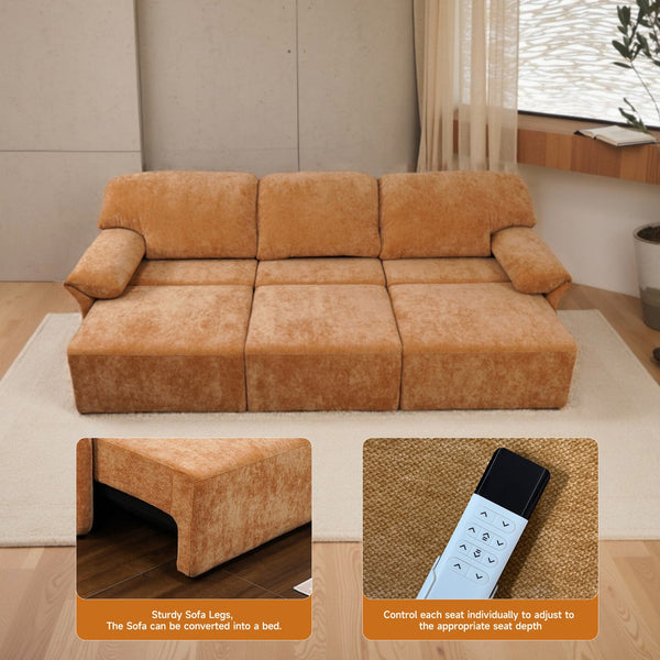 English Elm 3 Seats Power Recliner Sofa Convertible to Bed with Remote, Oversized 29" Seats, Plush Orange Polyester W3795S00003