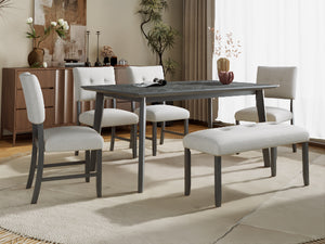 English Elm 6 Piece Dining Set with Rectangular Solid Wood Table, Upholstered Chairs & Bench, Rustic Charm, Easy Assembly, Seats 6 Gray N752S000015E